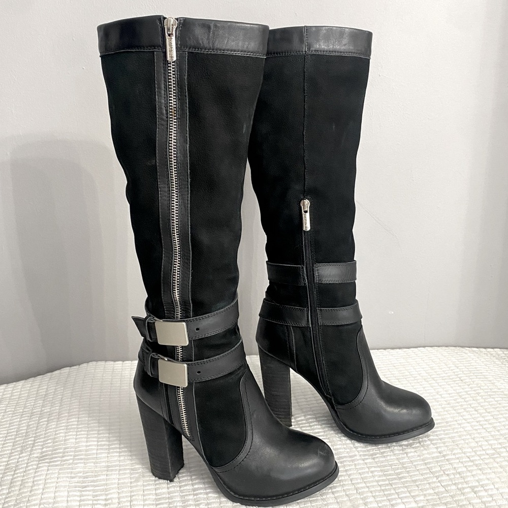Milana Black Leather Knee High Moto Boots Buckle Block Heel EU 35 US 5 Italy